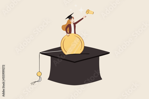 Education fund for college, saving for school or university tuition fee, study cost or training expense concept, young woman insert money coin into mortarboard saving box while holding degree scroll.