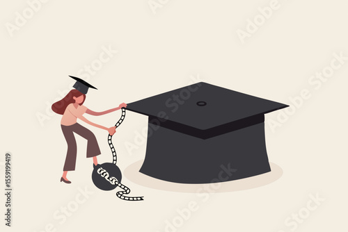 Student loan debt pay off or forgiveness program, cut education expense or reduce fee concept, young adult woman cut chain to relief from student loan debt burden metal ball from graduated mortarboar