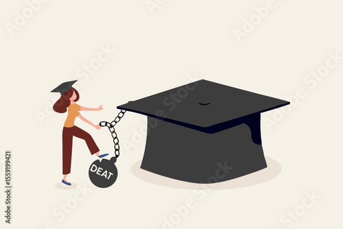 Student loan debt pay off or forgiveness program, cut education expense or reduce fee concept, young adult woman cut chain to relief from student loan debt burden metal ball from graduated mortarboar
