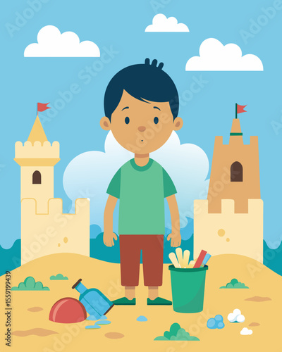 A childs sandcastle is surrounded by garbage a heartbreaking sight as the innocence of youth is contrasted with the reality of pollution.. Vector illustration