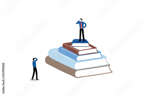 Education inequity, academic degree or institution bias, imbalance or chance or access to knowledge, school dropout concept, success young man on top of stack of textbooks look at other on the floor.