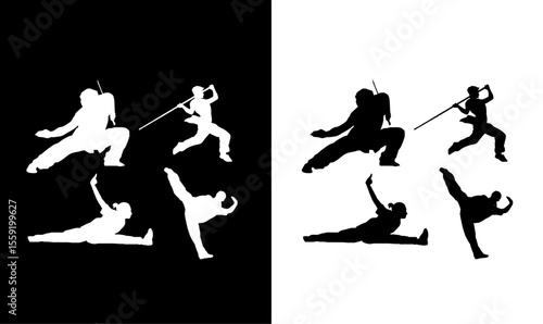 wushu silhouette black set vector illustration, wushu, athletes, action, wrestlers silhouette vector illustration, silhouette of wrestler's illustration vector design, referee, fighting, sport, 