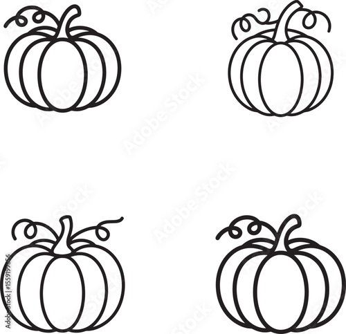 Four simple black outline pumpkins with curly stems on white background