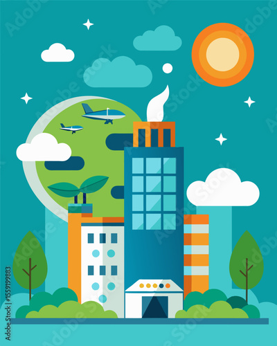 A hotel chain claiming to be carbon neutral but not disclosing the harmful emissions caused by their frequent flights for corporate business meetings.. Vector illustration