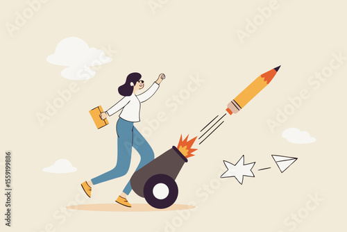 Launch new creativity idea, boost inspiration and challenge, start writing blog, storytelling or create brand concept, motivated creative woman launch new idea by shooting pencil cannon into the sky.