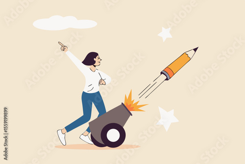 Launch new creativity idea, boost inspiration and challenge, start writing blog, storytelling or create brand concept, motivated creative woman launch new idea by shooting pencil cannon into the sky.