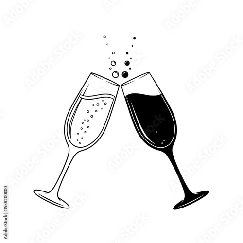 Two champagne flutes clinking with bubbles rising in a black and white minimalist vector illustration