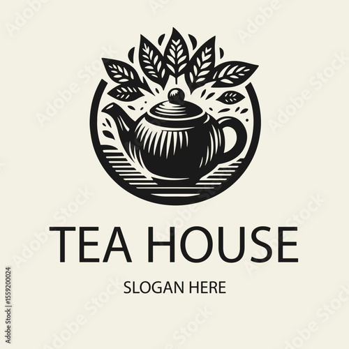 Black and white flat vector logo of a teahouse featuring a clay teapot with tea leaf decoration, surrounded by an arch of tea leaves. Perfect for branding tea shops and herbal product packaging.