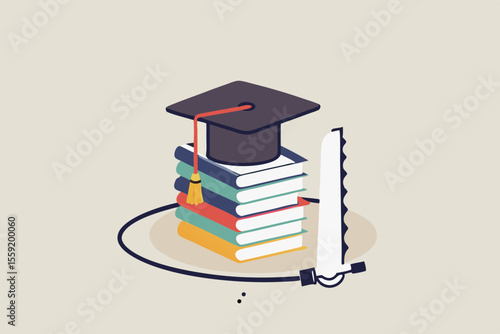 Student loan pitfall, knowledge cost and expense or big debt to pay off for education, high degree ego concept, graduation hat mortar board on book stack being saw to fall down.