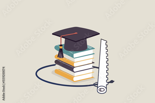 Student loan pitfall, knowledge cost and expense or big debt to pay off for education, high degree ego concept, graduation hat mortar board on book stack being saw to fall down.