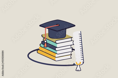 Student loan pitfall, knowledge cost and expense or big debt to pay off for education, high degree ego concept, graduation hat mortar board on book stack being saw to fall down.