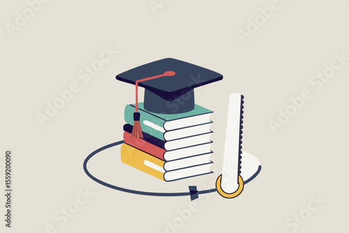 Student loan pitfall, knowledge cost and expense or big debt to pay off for education, high degree ego concept, graduation hat mortar board on book stack being saw to fall down.