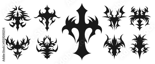 Tribal Tattoo Symbol Set on Transparent Background with Cross and Elements for Gothic, Neo Tribal, Cybersigilism, and Fantasy Tattoo Design Illustration