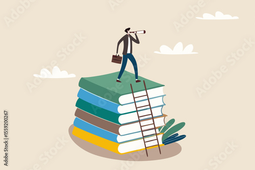 Business skills for career opportunity, knowledge or education for future job, challenge and personal improvement, reading list concept, businessman climb up ladder on books stack for good vision.