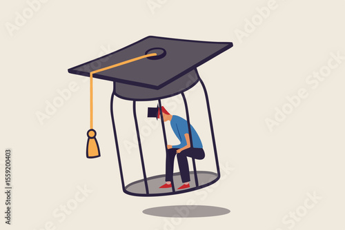 Student loan debt, money trap that graduated have to payback huge amount of money, expensive cost for education concept, depressed confused new graduated student in birdcage with graduation cap.