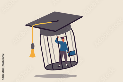 Student loan debt, money trap that graduated have to payback huge amount of money, expensive cost for education concept, depressed confused new graduated student in birdcage with graduation cap.