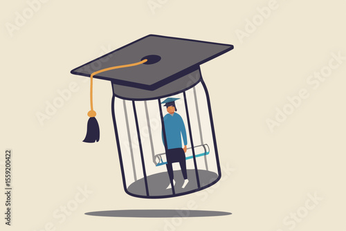 Student loan debt, money trap that graduated have to payback huge amount of money, expensive cost for education concept, depressed confused new graduated student in birdcage with graduation cap.