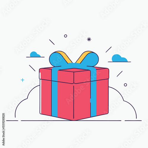 Brightly wrapped gift box with blue ribbon and decorative elements