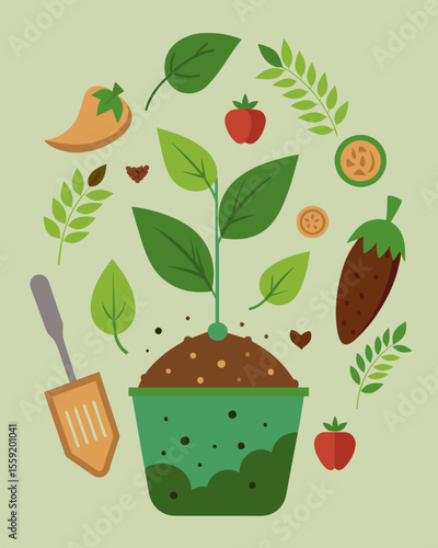A hodgepodge of dead leaves grass clippings and leftover food diligently turned and mixed to create a nourishing and sustainable soil additive.. Vector illustration
