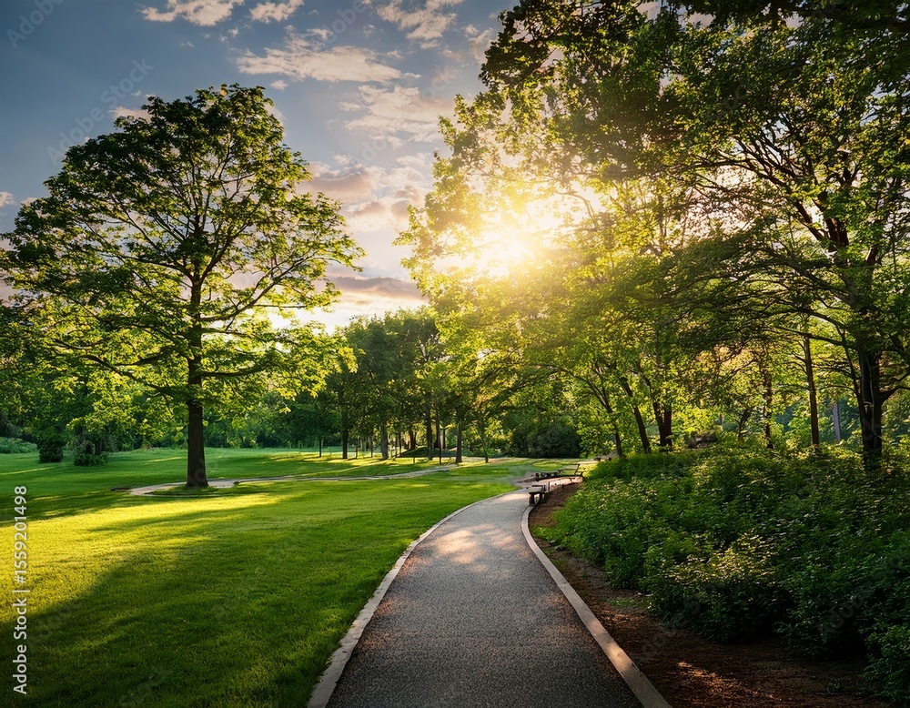 Obraz premium landscape with a walking path through a park, trees, and sunlight, promoting outdoor activity and wellness