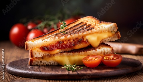 artisan grilled cheese sandwich oozing melted cheese fresh tomato and herbs on toasty bread