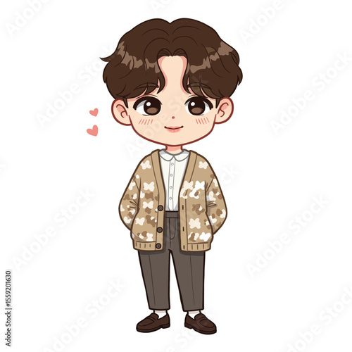 Plain Brown Chibi Boy with Camouflage Pattern Cardigan - Editable Vector Design
