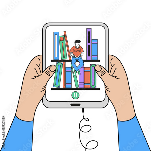 Hands holding a tablet displaying a virtual bookshelf, with a young man sitting on a shelf reading a book.