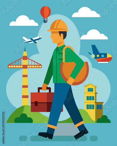 A construction worker travels to another country to work on largescale infrastructure projects enticed by the higher wages and job stability.. Vector illustration