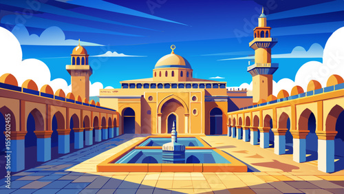 The Great Mosque of Kairouan, Tunisia
An iconic North African mosque with square minaret and ochre-colored walls under a vast blue sky. The open courtyard and horseshoe arches reveal centuries of 