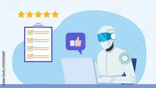 Checklist with all the fields filled in positively. Correctly performed test. Ai bot working on a computer at a desk and analyzing data. Next to it is a hand with a thumbs up, and this to the list. 
