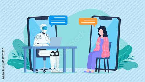 AI doctor bot working on laptop and talking to patient. Medical help of the future. Flat design illustration. Sick woman connects to teleconsultation with ai application. 