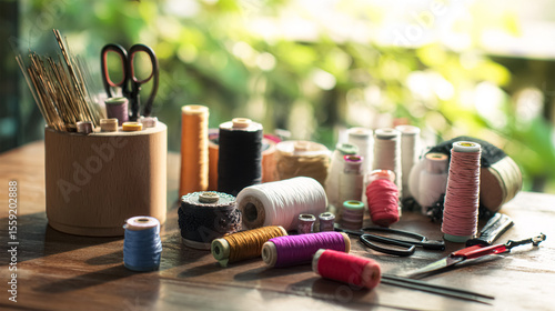 Copyspace frame with different sewing accessories: scissors, threads, needles, tape measures, buttons, etc