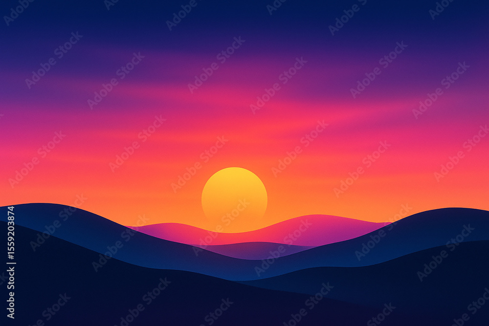 Fototapeta premium Vibrant Sunset Over Mountain Silhouette: A breathtaking digital artwork presents a radiant sun descending over the layered silhouettes of rolling hills, under a sky ablaze with fiery hues.