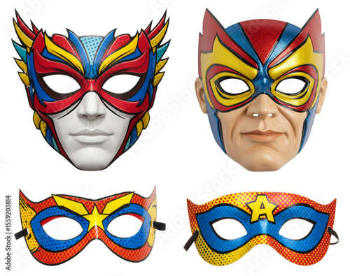 Colorful superhero masks displayed on transparent background  