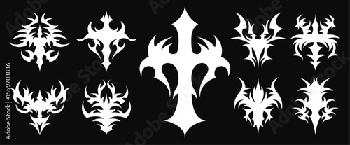 Tribal Tattoo Symbol Set on Black Background with Cross and Elements for Gothic, Cybersigilism, Neo Tribal, and Fantasy Design Illustration