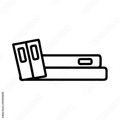 Stack of books on new shelf in minimal line art style, concept of icon, vector, housewarming  