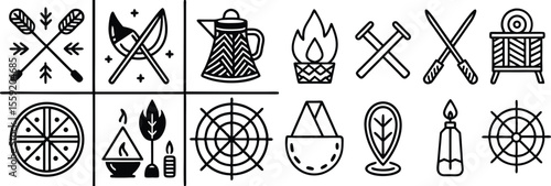 Primitive Tools and Crafts Outline Icons – Linear Style Prehistoric Symbols Including Fire, Wheel, Spear, and Bow for Ancient Innovation and History Projects

