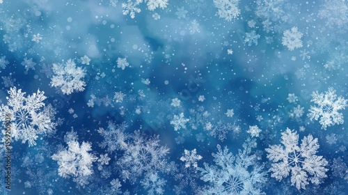 A blue background with snowflakes falling on it. The snowflakes are scattered all over the background, creating a sense of movement and liveliness