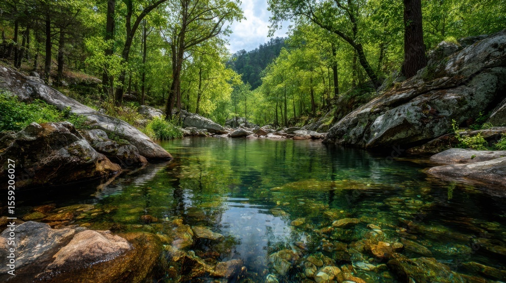 A beautiful, serene river with a lush green forest surrounding it. The water is crystal clear and the rocks on the riverbed are smooth and rounded. The scene is peaceful and calming A beautiful, serene river with a lush green forest surrounding it. The water is crystal clear and the rocks on the riverbed are smooth and rounded. The scene is peaceful and calming
