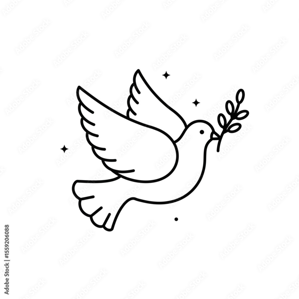 Fototapeta premium Dove carries an olive branch. Symbolizes: peace and freedom. Linear icon on a transparent background.