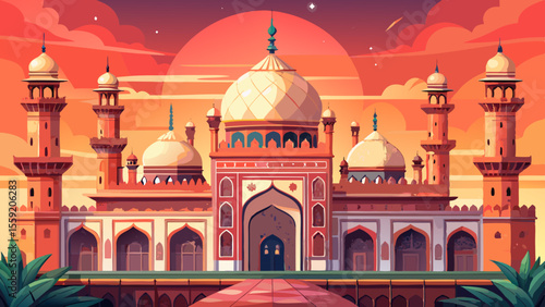 Badshahi Mosque, Lahore, Pakistan
A majestic Mughal-era mosque built from red sandstone, crowned with white marble domes and four tall minarets. Soft sunlight catches the fine floral carvings and the 