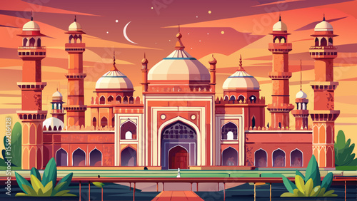 Badshahi Mosque, Lahore, Pakistan
A majestic Mughal-era mosque built from red sandstone, crowned with white marble domes and four tall minarets. Soft sunlight catches the fine floral carvings and the 