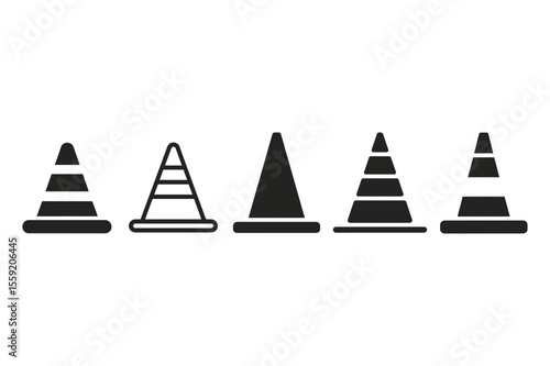 Illustration showing five black traffic cones in a row on a white background