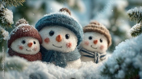 Wallpaper Mural Three snowmen are standing in the snow, with one of them wearing a blue hat. The snowmen are smiling and seem to be enjoying the winter weather Torontodigital.ca