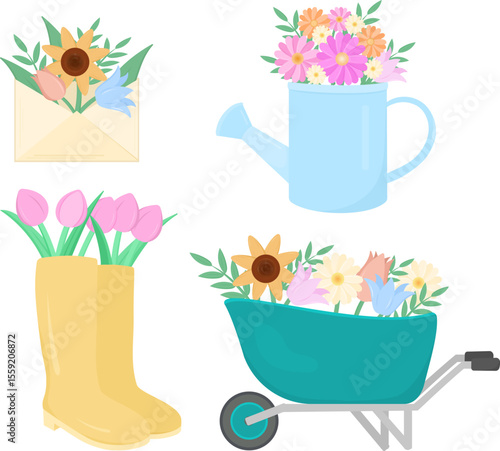 Flowers set. Flowers in boots, cart, envelope. Spring and summer mood