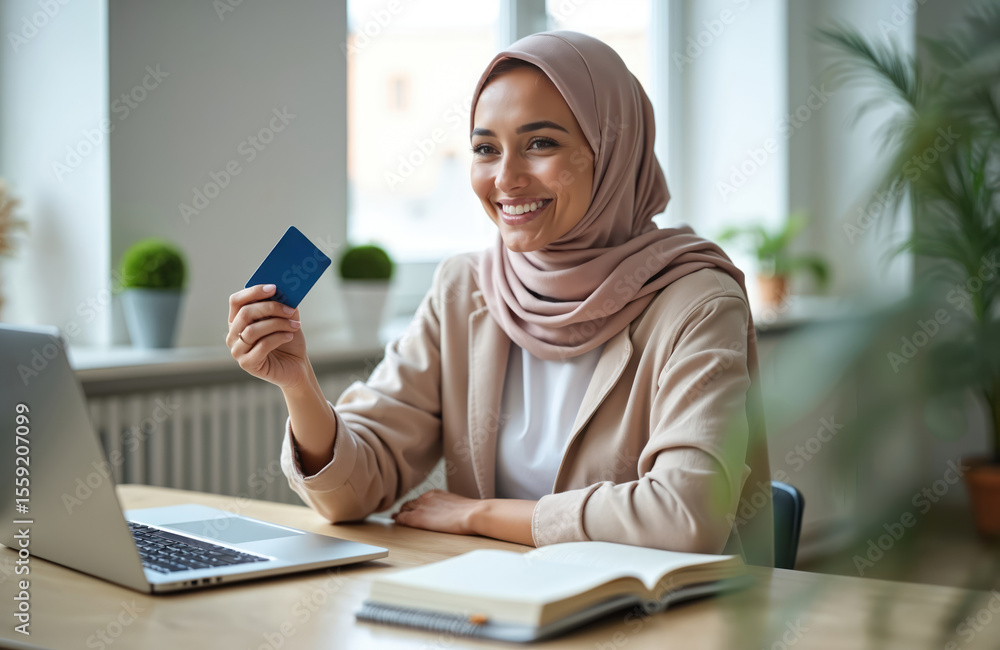 Fototapeta premium Young muslim woman in hijab smiles holding credit card. Female using laptop notebook, shopping online. Businesswoman at desk in home office, e-commerce payment technology concept.