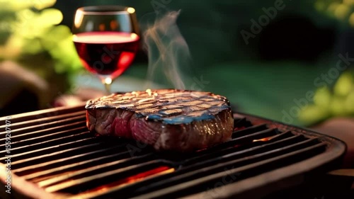 Grilled steaks on a barbecue grill with wine glass, juicy meat steak grilling, summer BBQ party food, delicious grilled beef steak with wine, created with generative ai