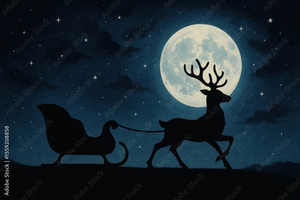 A reindeer pulling a sleigh with a full moon in the background A reindeer pulling a sleigh with a full moon in the background