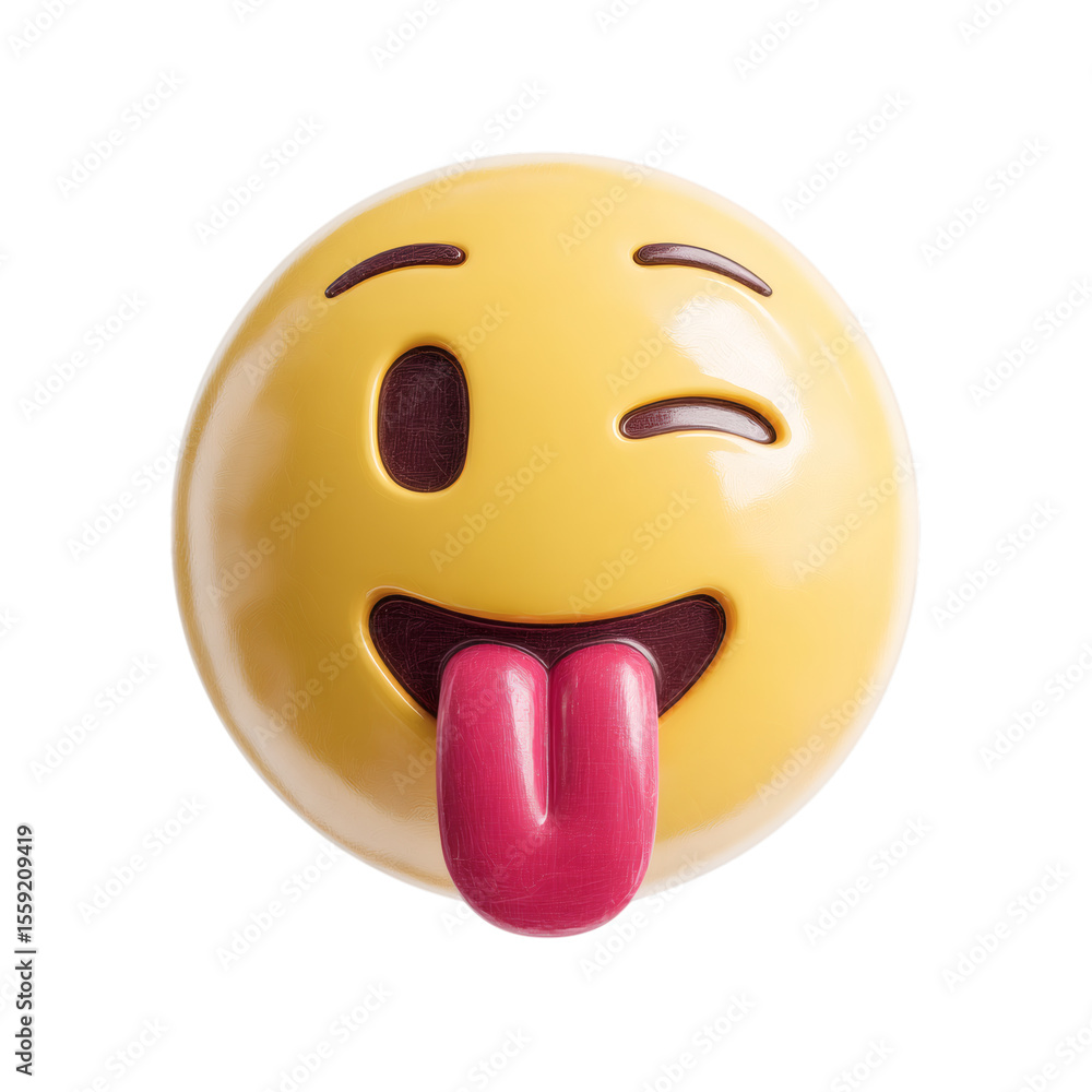 Fototapeta premium Plastic-style emoji face icon with wink and tongue, isolated on transparent background .