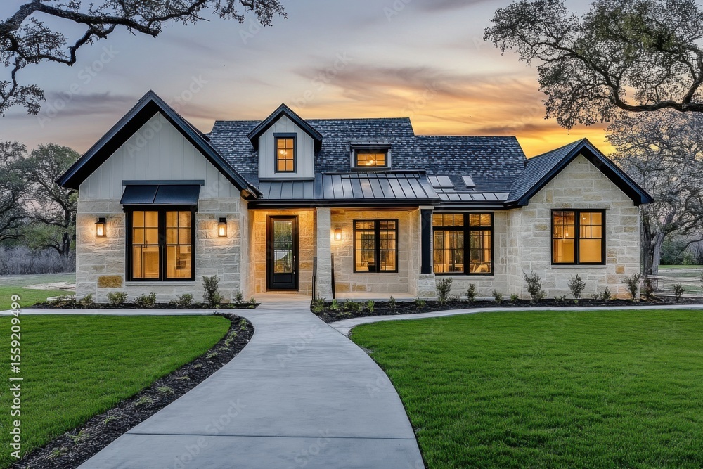 A delightful modern house stands at sunset, showcasing its lovely exterior and beautifully landscaped yard, all illuminated with warm lighting in a serene neighborhood A delightful modern house stands at sunset, showcasing its lovely exterior and beautifully landscaped yard, all illuminated with warm lighting in a serene neighborhood
